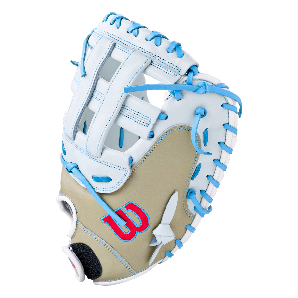Wilson A700 33″ Fastptich Catcher’s Mitt: WBG05101RT33 in tan and white full grain leather with bright blue lacing and a red logo on the palm.