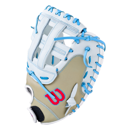 Wilson A700 33″ Fastptich Catcher’s Mitt: WBG05101RT33 in tan and white full grain leather with bright blue lacing and a red logo on the palm.