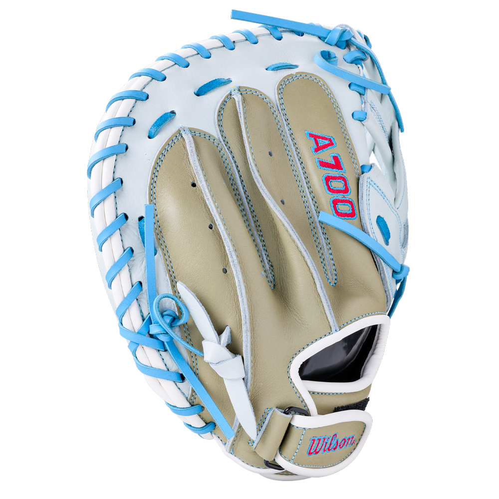 Wilson A700 33″ Fastptich Catcher’s Mitt: WBG05101RT33 made of full grain leather with a white outer shell, tan palm, and bright blue lacing.