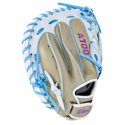 Wilson A700 33″ Fastptich Catcher’s Mitt: WBG05101RT33 made of full grain leather with a white outer shell, tan palm, and bright blue lacing.