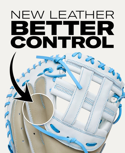 Wilson A700 33″ Fastpitch Catcher’s Mitt: WBG05101RT33 in white and tan full grain leather with light blue lacing, featuring a callout circle on the palm and the text NEW LEATHER BETTER CONTROL.