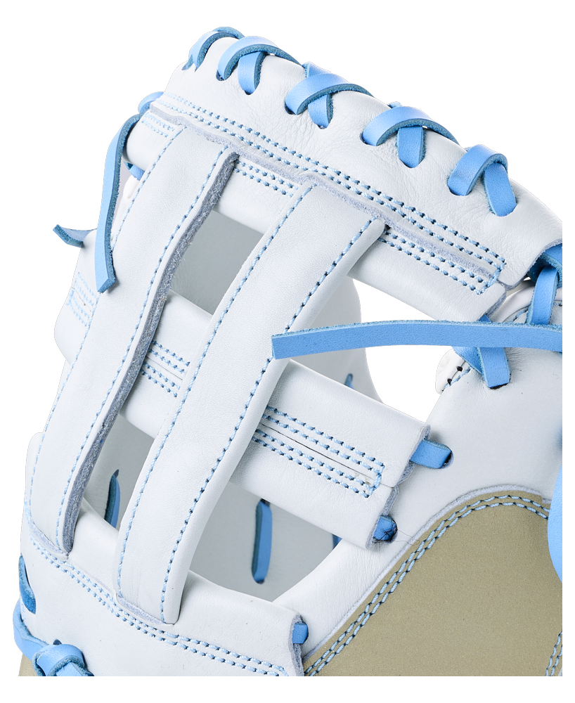 Wilson A700 33″ Fastptich Catcher’s Mitt: WBG05101RT33, a white youth catcher’s mitt with light blue lacing and a tan palm panel.