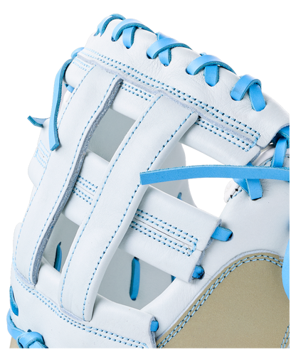 Wilson A700 33″ Fastptich Catcher’s Mitt: WBG05101RT33, a white youth catcher’s mitt with light blue lacing and a tan palm panel.