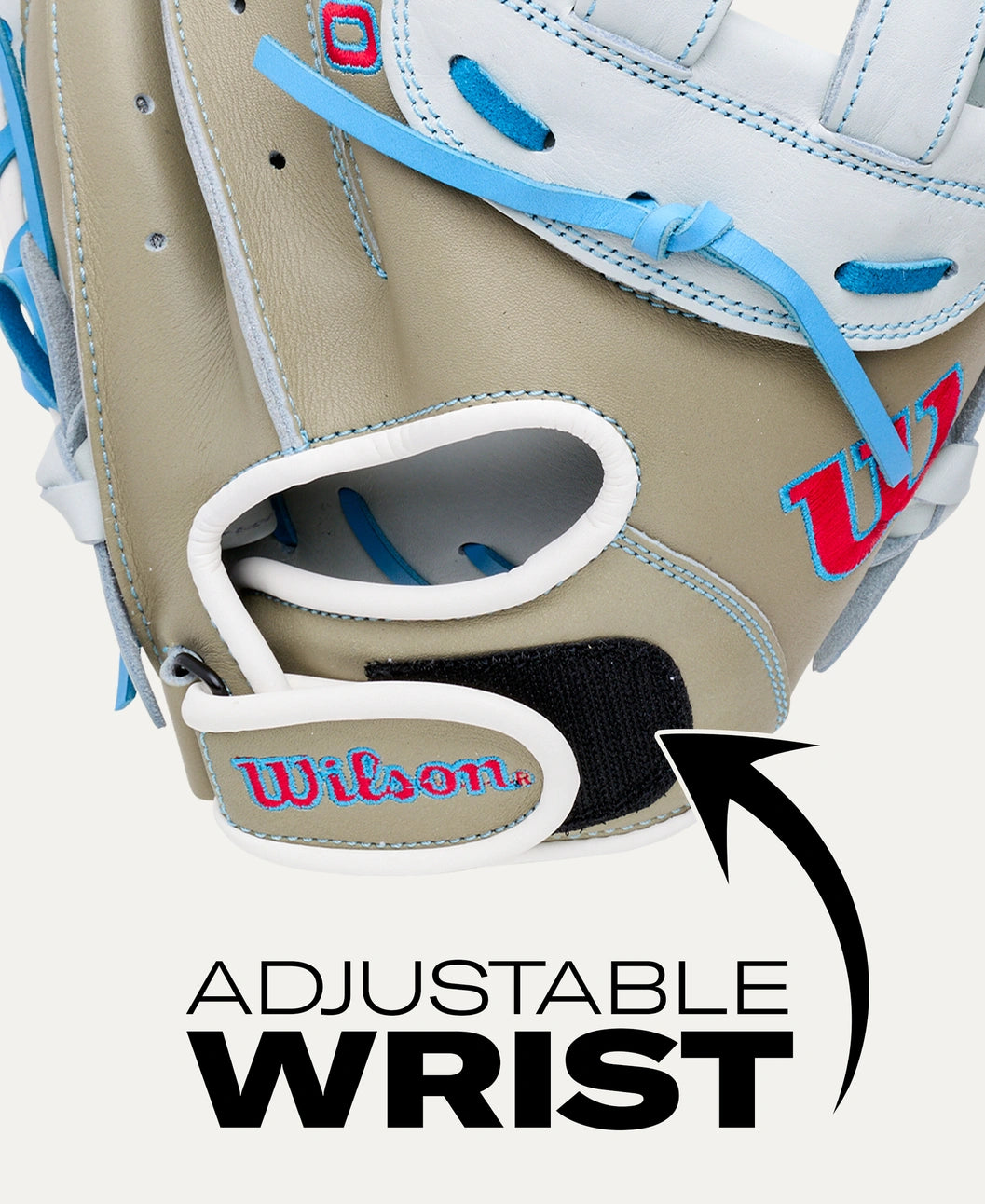 Close-up of a Wilson A700 33″ Fastptich Catcher’s Mitt: WBG05101RT33, featuring an adjustable Velcro wrist strap with text below pointing to the strap labeled ADJUSTABLE WRIST.
