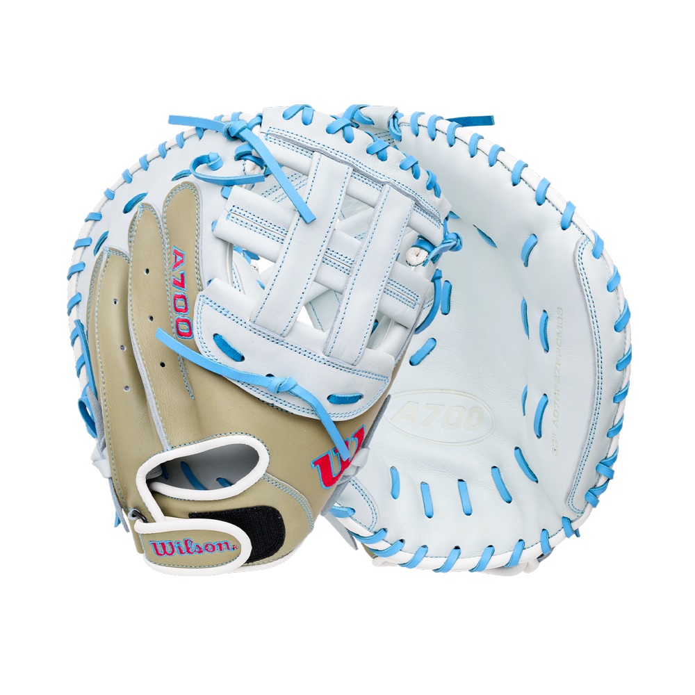 Wilson A700 33″ Fastptich Catcher’s Mitt: WBG05101RT33 in tan and white full grain leather with light blue lacing.