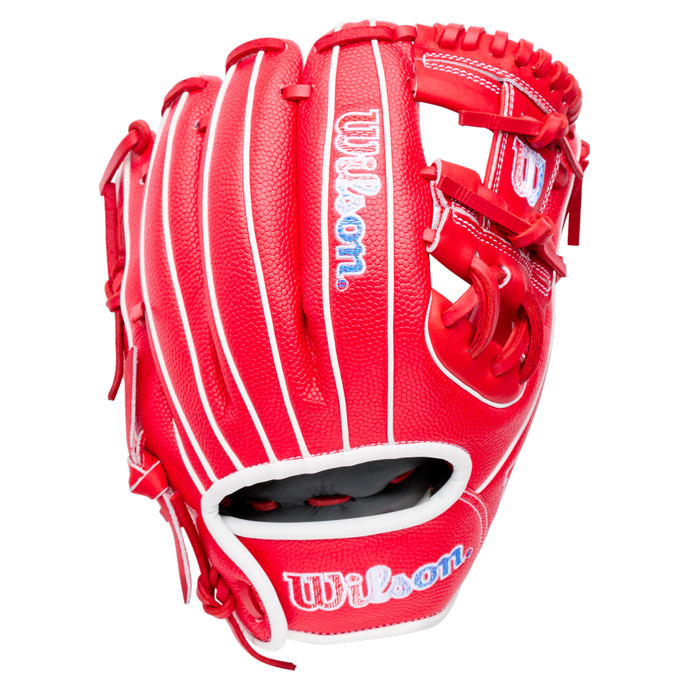 Wilson A1000 PF11SS 11″ Baseball Glove in red with white lacing and blue-outlined lettering.