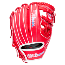 Wilson A1000 PF11SS 11″ Baseball Glove in red with white lacing and blue-outlined lettering.