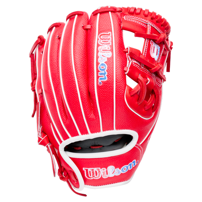 Wilson A1000 PF11SS 11″ Baseball Glove in red with white lacing and blue-outlined lettering.