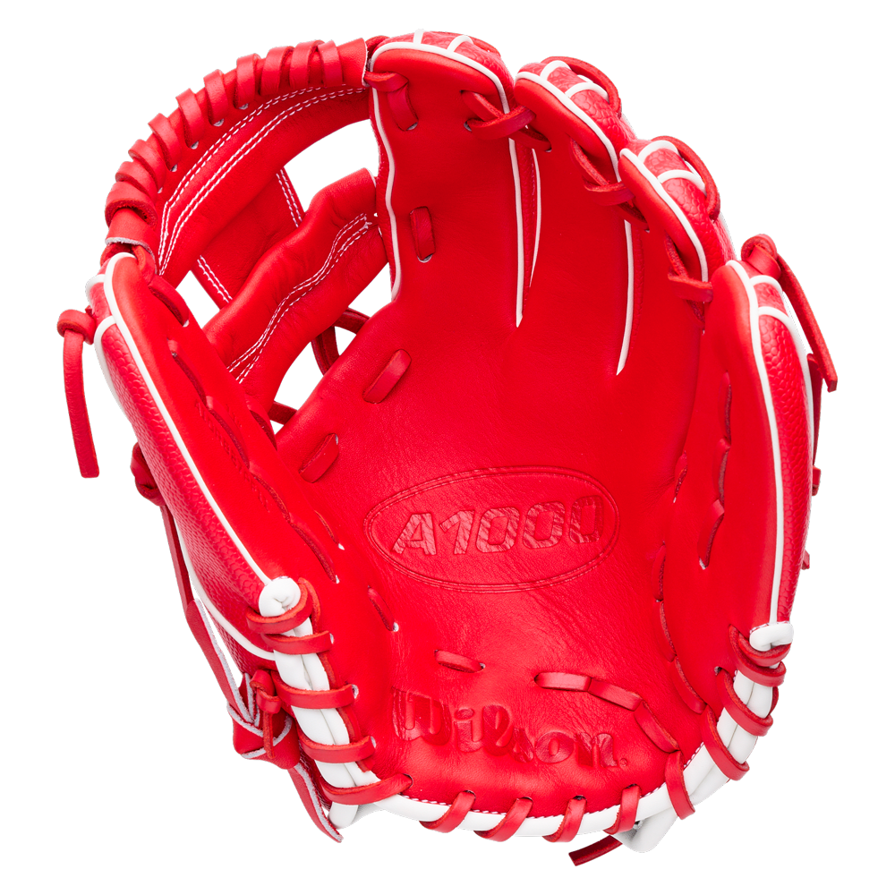 Wilson A1000 PF11SS 11″ Baseball Glove, red infield glove with white lacing.