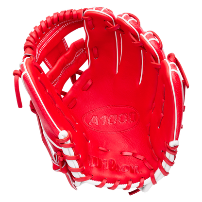 Wilson A1000 PF11SS 11″ Baseball Glove, red infield glove with white lacing.