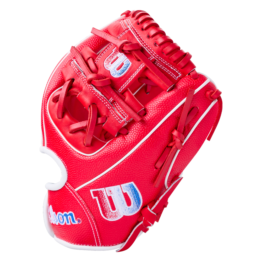 Bright red Wilson A1000 PF11SS 11″ Baseball Glove with white trim and blue logo embroidery.