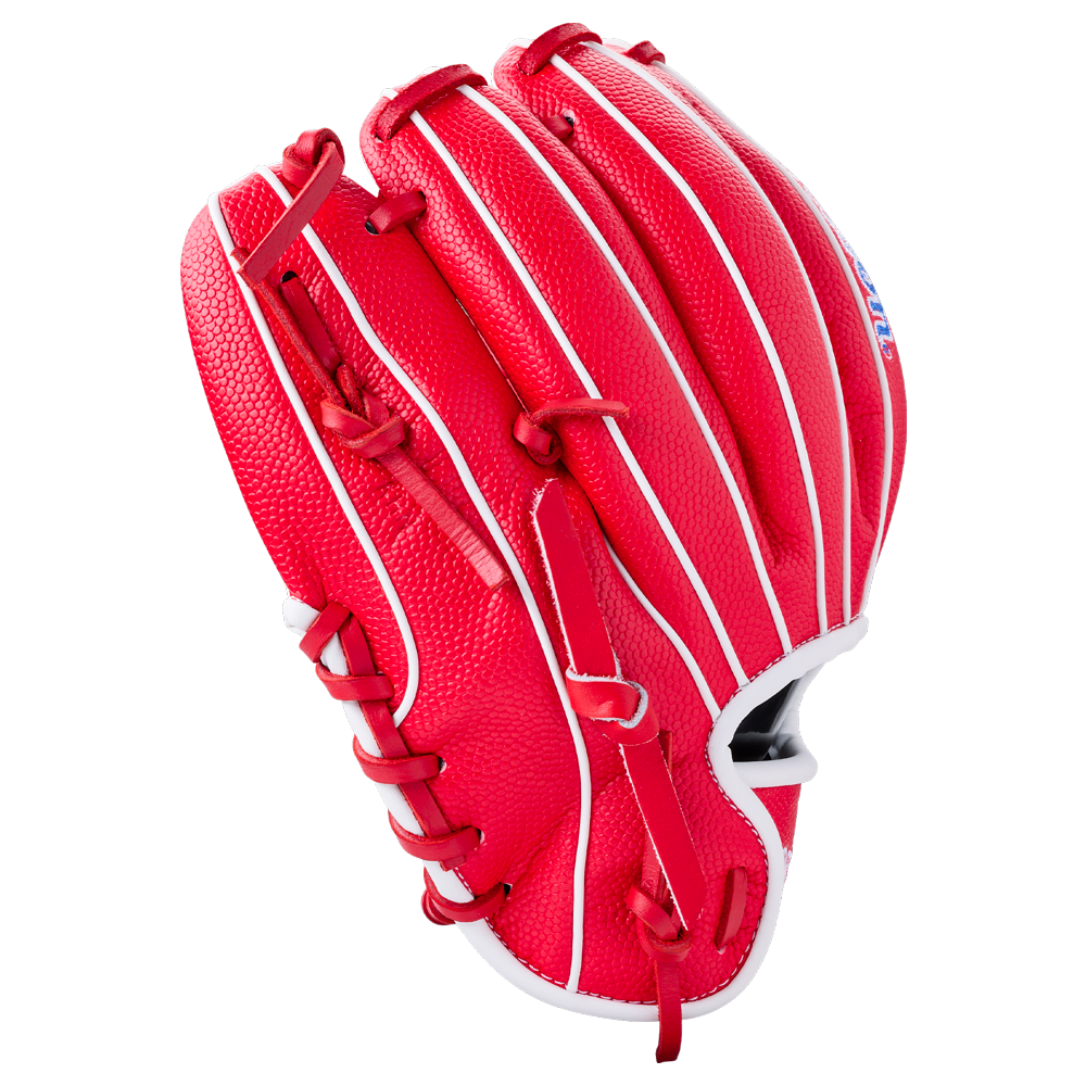 Bright red Wilson A1000 PF11SS 11″ Baseball Glove with white piping and white lacing.