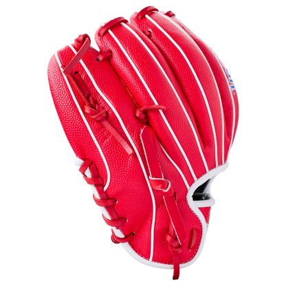 Bright red Wilson A1000 PF11SS 11″ Baseball Glove with white piping and white lacing.