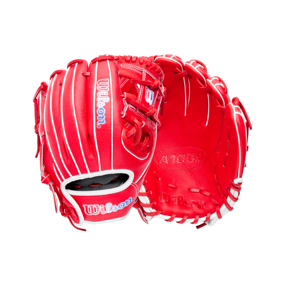 A Wilson A1000 PF11SS 11″ Baseball Glove in bright red with white laces, shown from the front and palm-side perspectives.