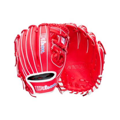 A Wilson A1000 PF11SS 11″ Baseball Glove in bright red with white laces, shown from the front and palm-side perspectives.