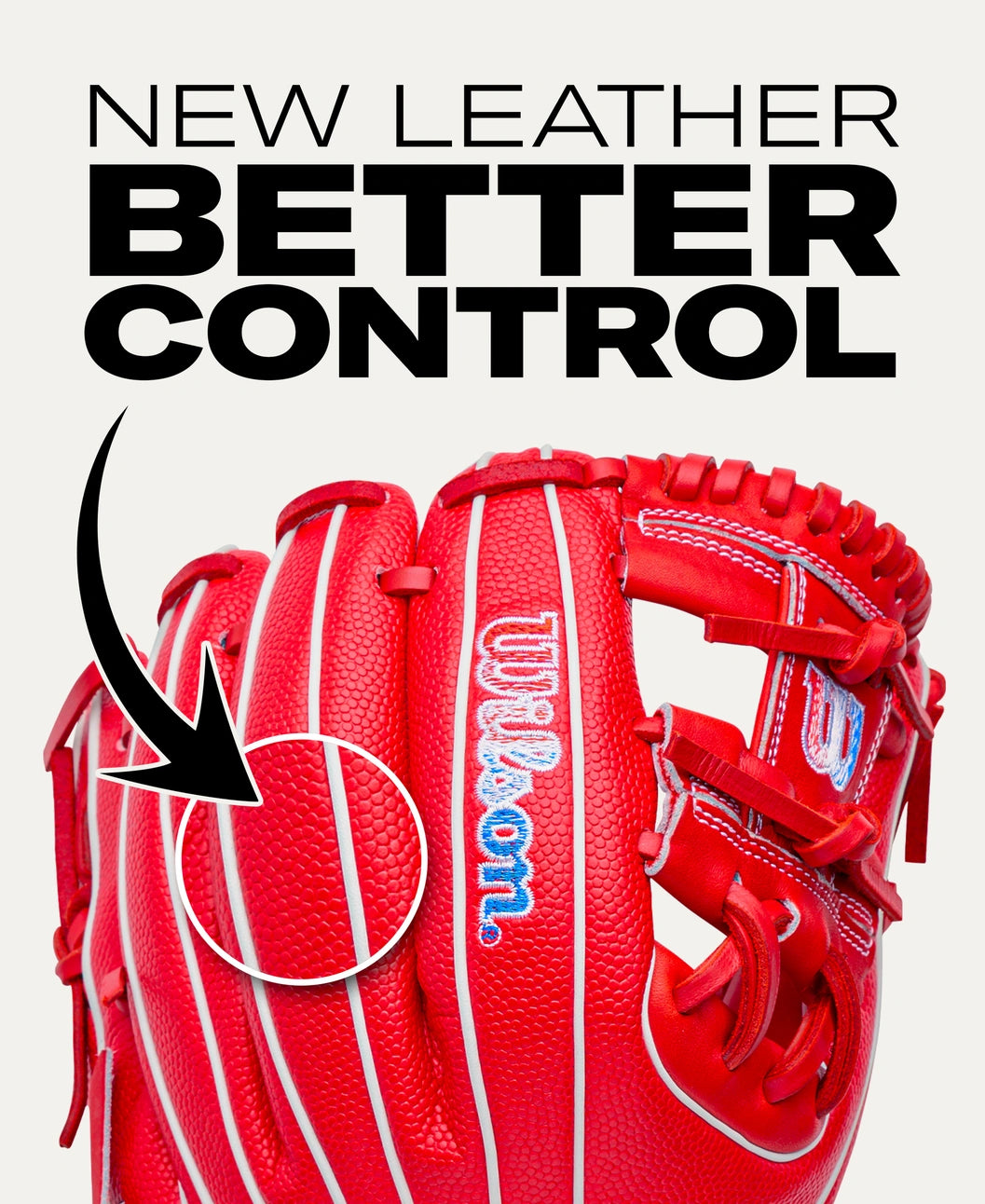 Red Wilson A1000 PF11SS 11″ Baseball Glove with a highlighted circular area and text that reads, NEW LEATHER BETTER CONTROL.