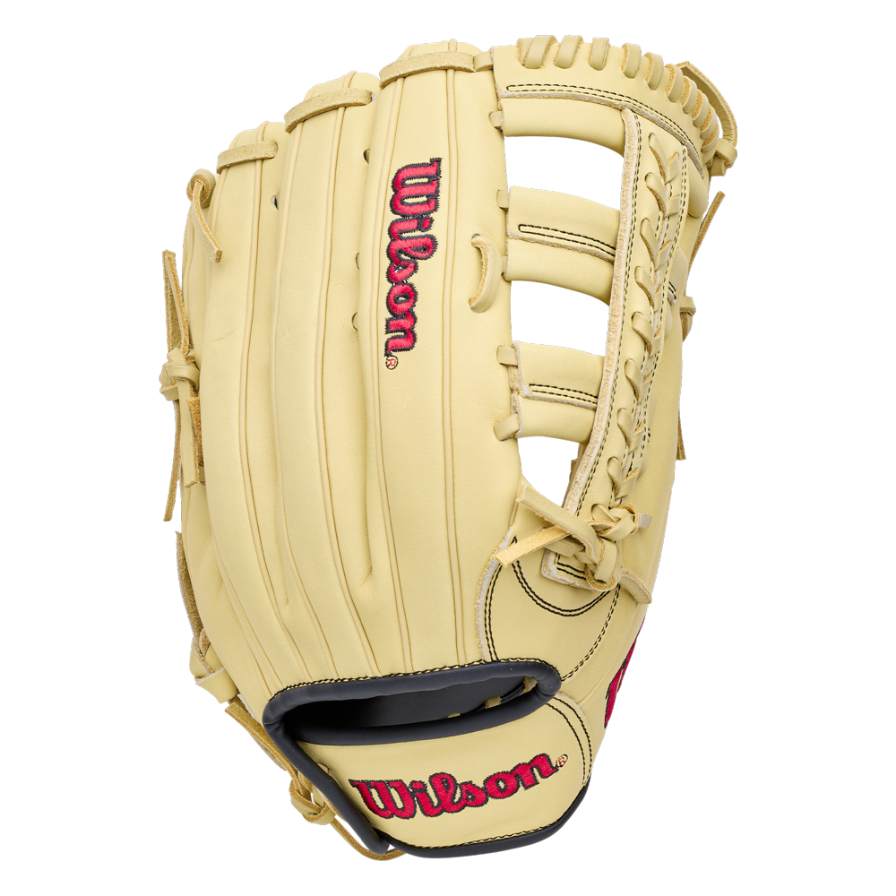 Wilson A1000 1892 12.25″ Baseball Glove: WBG05301RT1225 in tan with red lettering and a webbed pocket.