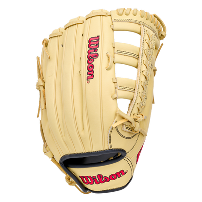 Wilson A1000 1892 12.25″ Baseball Glove: WBG05301RT1225 in tan with red lettering and a webbed pocket.