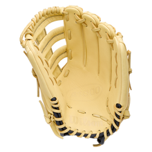 Light-colored Wilson A1000 1892 12.25″ Baseball Glove: WBG05301RT1225 outfield glove with black lacing and a deep pocket.