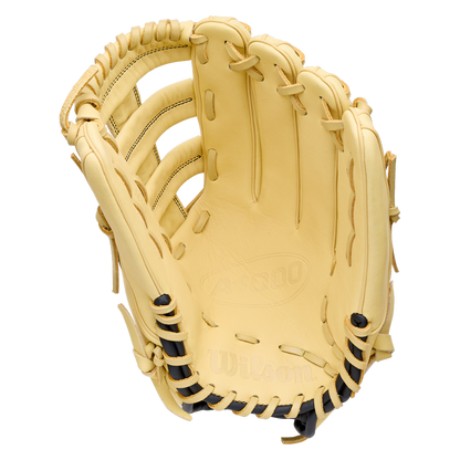 Light-colored Wilson A1000 1892 12.25″ Baseball Glove: WBG05301RT1225 outfield glove with black lacing and a deep pocket.