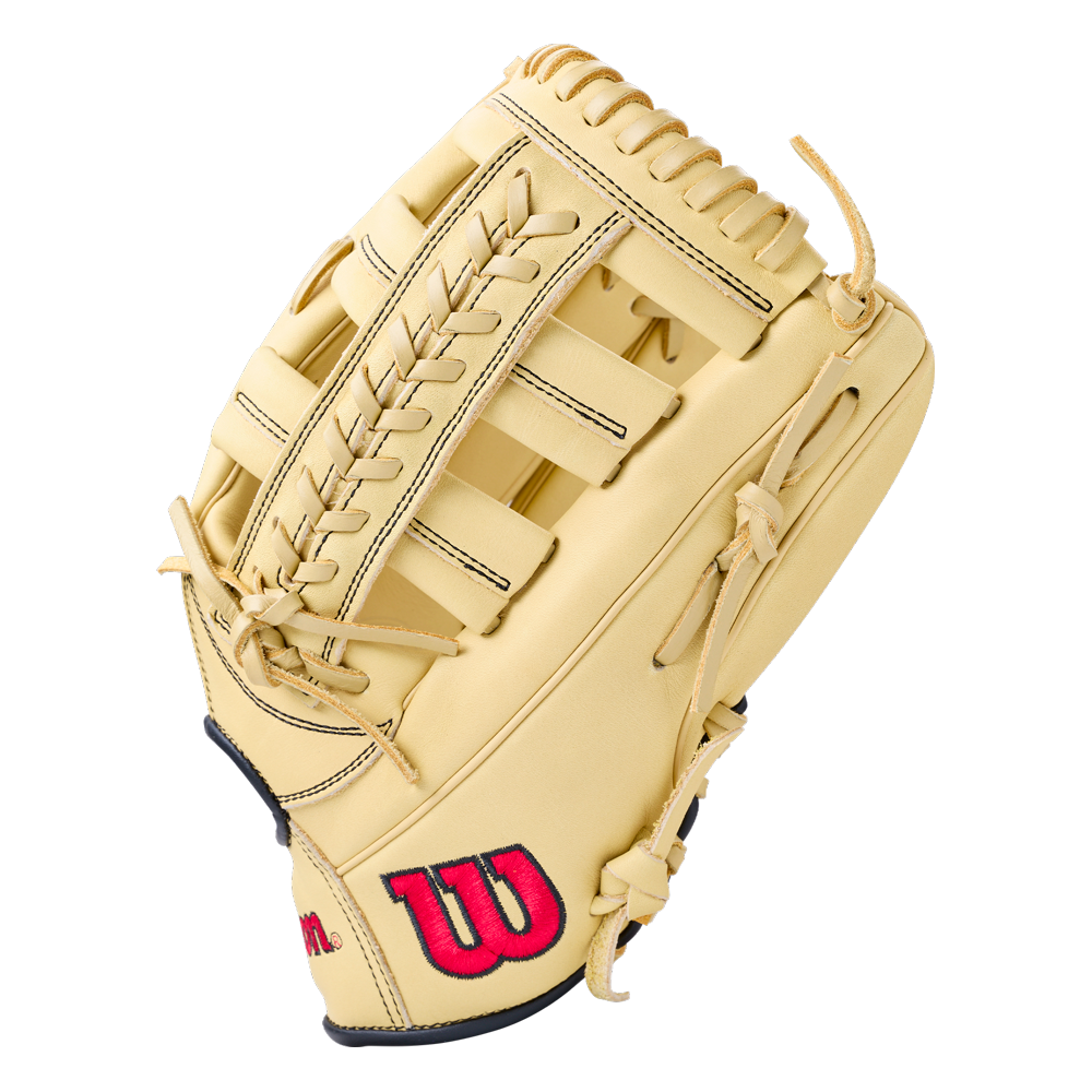 Tan Wilson A1000 1892 12.25″ Baseball Glove with a laced web and a red and black logo on the wrist, designed for smaller hands.