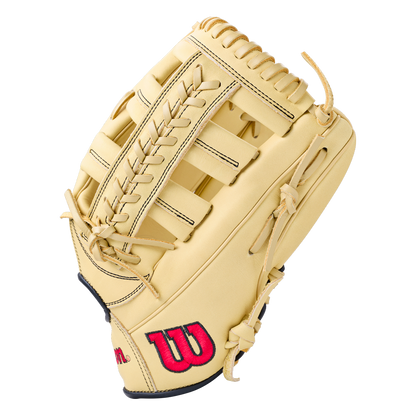 Tan Wilson A1000 1892 12.25″ Baseball Glove with a laced web and a red and black logo on the wrist, designed for smaller hands.
