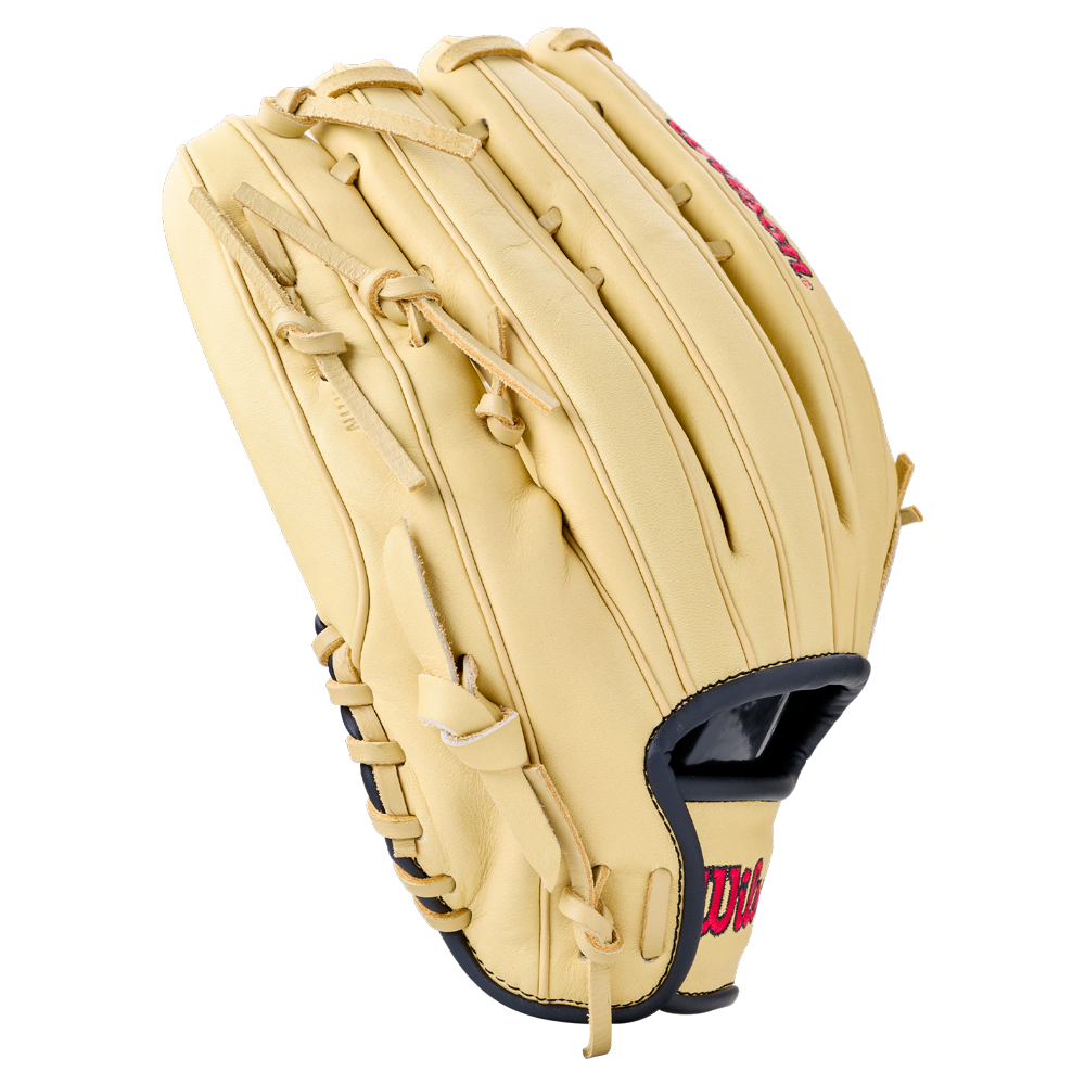 Wilson A1000 1892 12.25″ Baseball Glove: WBG05301RT1225 in tan with black binding and red embroidered logos.