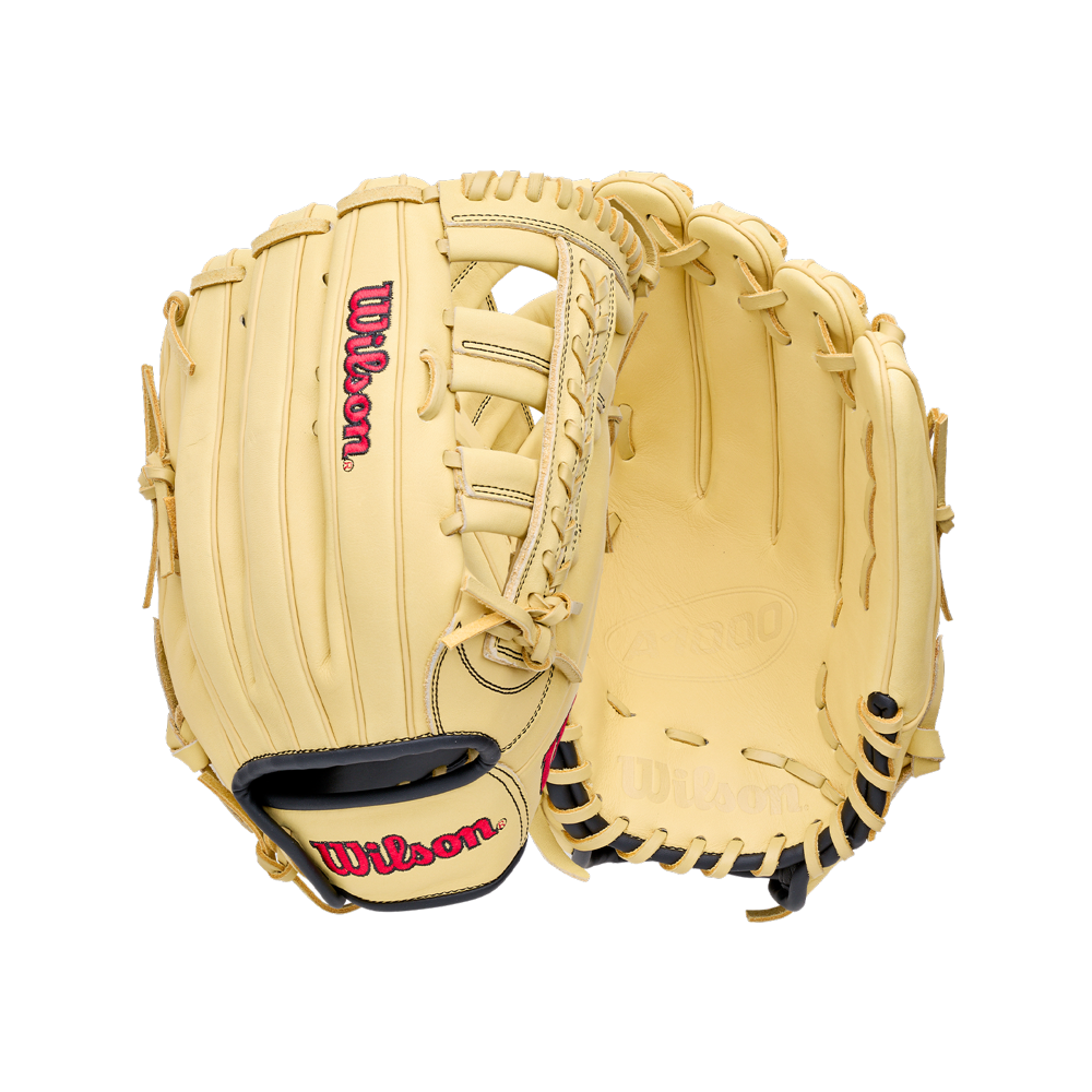 Wilson A1000 1892 12.25″ Baseball Glove in tan with black lacing and red lettering on the wrist strap and thumb.
