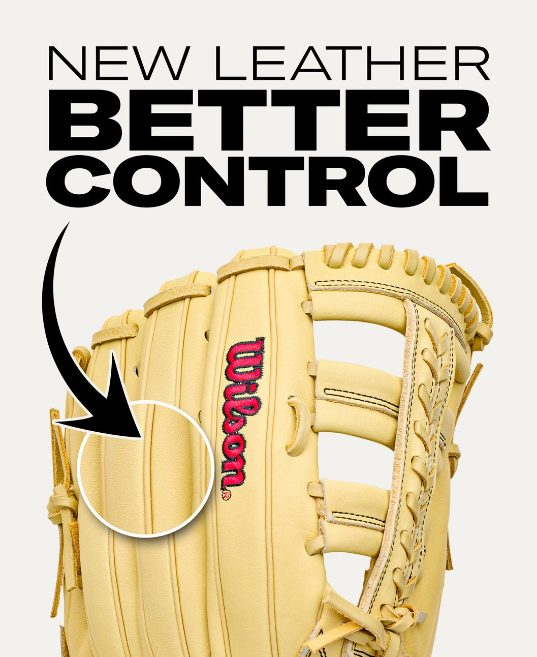 Cream-colored Wilson A1000 1892 12.25″ Baseball Glove: WBG05301RT1225 with an arrow pointing to the leather palm, overlaid with the text NEW LEATHER BETTER CONTROL.