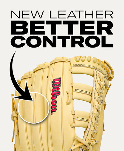 Cream-colored Wilson A1000 1892 12.25″ Baseball Glove: WBG05301RT1225 with an arrow pointing to the leather palm, overlaid with the text NEW LEATHER BETTER CONTROL.