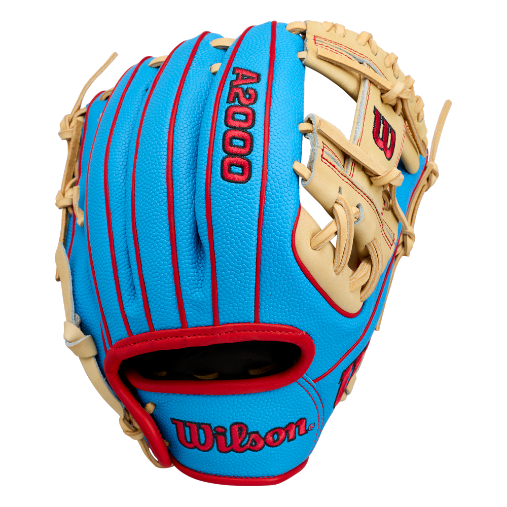 The Wilson A2000 PF88SS 11.25″ Baseball Glove (WBG05402RT1125) by Wilson is an infield glove crafted in bright blue and tan leather with red stitching and accents, displayed from the back with visible Wilson and A2000 labels. It features advanced Pedroia Fit Technology for a more comfortable, enhanced feel.
