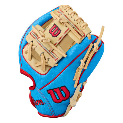 Introducing the Wilson A2000 PF88SS 11.25″ Baseball Glove (WBG05402RT1125): This infield glove showcases a striking blue and tan design with red stitching, red W logos on the front and side, detailed lacing, and bold Wilson branding. Featuring Pedroia Fit Technology for enhanced comfort, it’s expertly crafted as part of the renowned A2000 PF88SS series.