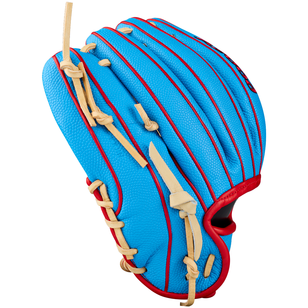 A Wilson A2000 PF88SS 11.25″ Baseball Glove (WBG05402RT1125) in bright blue with red trim and tan laces, displayed from the back with the pocket closed, featuring Pedroia Fit Technology for a secure and comfortable fit.