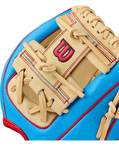 Close-up of the Wilson A2000 PF88SS 11.25″ Baseball Glove (WBG05402RT1125), featuring tan leather with red stitching, blue textured sections, and a red Wilson ‘W’ logo embroidered at the center. Designed with Pedroia Fit Technology for a snug, comfortable feel.