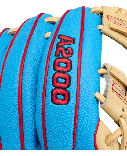 Close-up of the Wilson A2000 PF88SS 11.25″ Baseball Glove, featuring a blue design with red stitching. The Wilson branding and model name “A2000 PF88SS” are embroidered in black and red on the surface, showcasing its premium craftsmanship. This glove incorporates Pedroia Fit Technology for a snug, comfortable fit, while part of its tan leather webbing is visible on the right.