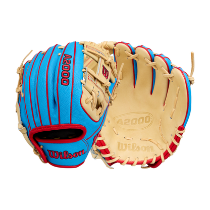 Here’s a rewritten version using your product data: Both the front and back of the Wilson A2000 PF88SS 11.25″ Baseball Glove (WBG05402RT1125) by Wilson are displayed, showcasing its tan leather construction with striking blue accents and red detailing. Engineered with Pedroia Fit Technology to offer a snug, comfortable feel, this glove is ideal for serious infielders.