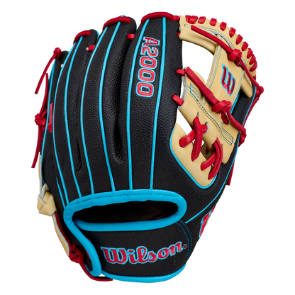 A Wilson A2000 DP15SS 11.5″ Baseball Glove (WBG05501RT115) by Wilson, featuring a black design with tan, red, and blue accents, red laces, an open web pattern, and a Pedroia Fit for a comfortable and secure grip.