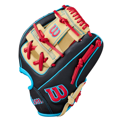 The Wilson A2000 DP15SS 11.5″ Baseball Glove (WBG05501RT115) features a black design accented with red laces, tan highlights, and blue outlines. Red W logos and detailed stitching add signature flair to this glove from Wilson’s renowned A2000 line, while the Pedroia Fit ensures a snug and comfortable feel for infield players.