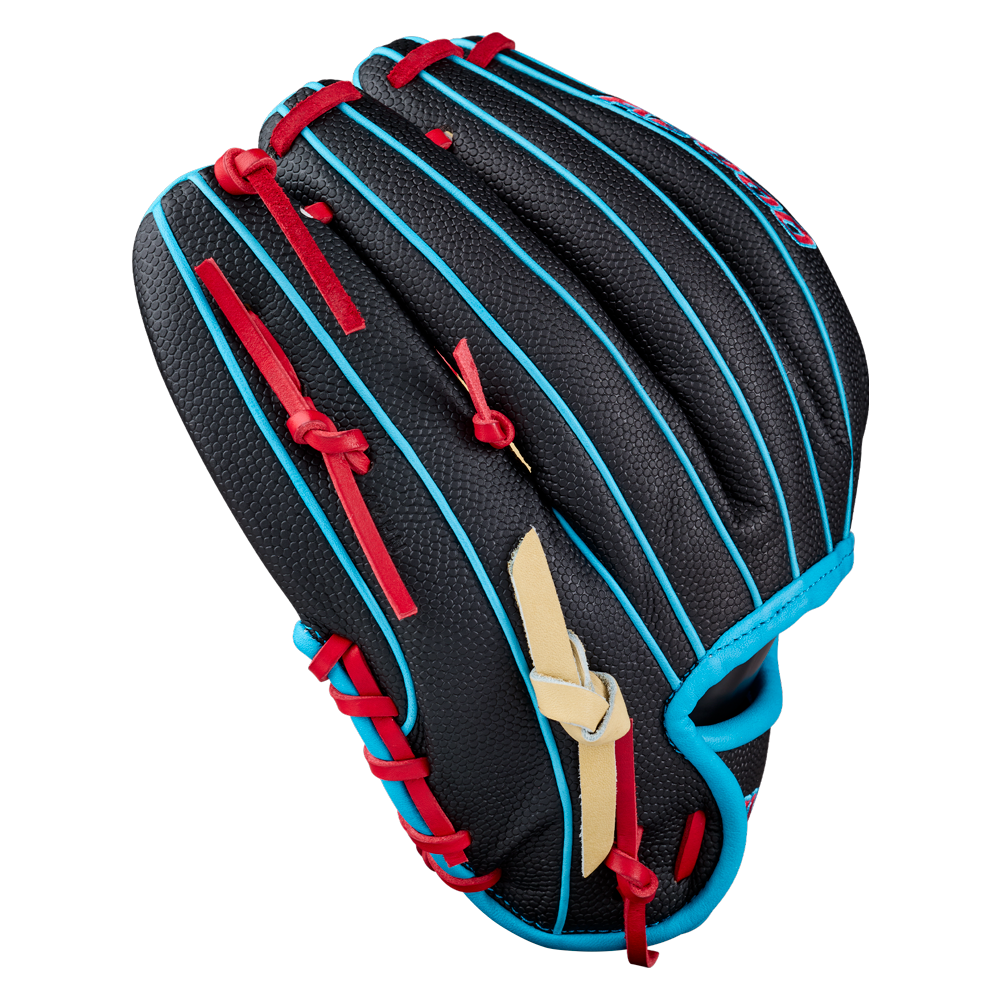 A Wilson A2000 DP15SS 11.5″ Baseball Glove (WBG05501RT115) by Wilson is shown against a white background, showcasing its black leather with red laces and blue trim, featuring the Pedroia Fit design inspired by the renowned A2000 DP15SS glove.