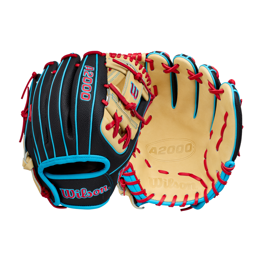 Two Wilson A2000 DP15SS 11.5″ Baseball Gloves by Wilson, featuring black, tan, red, and blue accents, are shown—one displaying the outside and the other showing the inner palm.