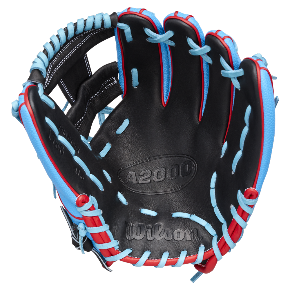 A black Wilson baseball glove with red trim and bright blue laces, open and facing upward, displaying the A2000 and Wilson branding on the palm.