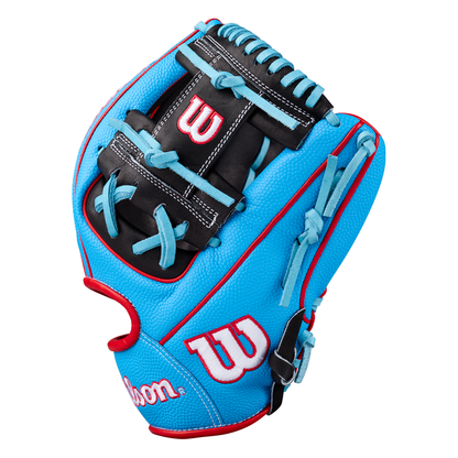 The Wilson A2000 1786SS 11.5″ Baseball Glove (WBG05601RT115) by Wilson features a vibrant blue design with black and red accents, light blue laces, and a white-and-red Wilson W logo on the back—perfectly crafted for serious infield play.