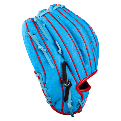 A bright blue 11.5” infield baseball glove with red and black laces is shown closed, viewed from the back against a plain white background.