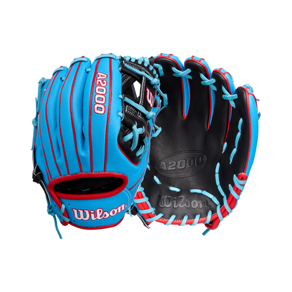 A blue and black Wilson A2000 1786SS glove with red and light blue laces, shown from both the front and back on a white background. This 11.5” baseball glove is designed for infield baseball glove players seeking top performance and style.