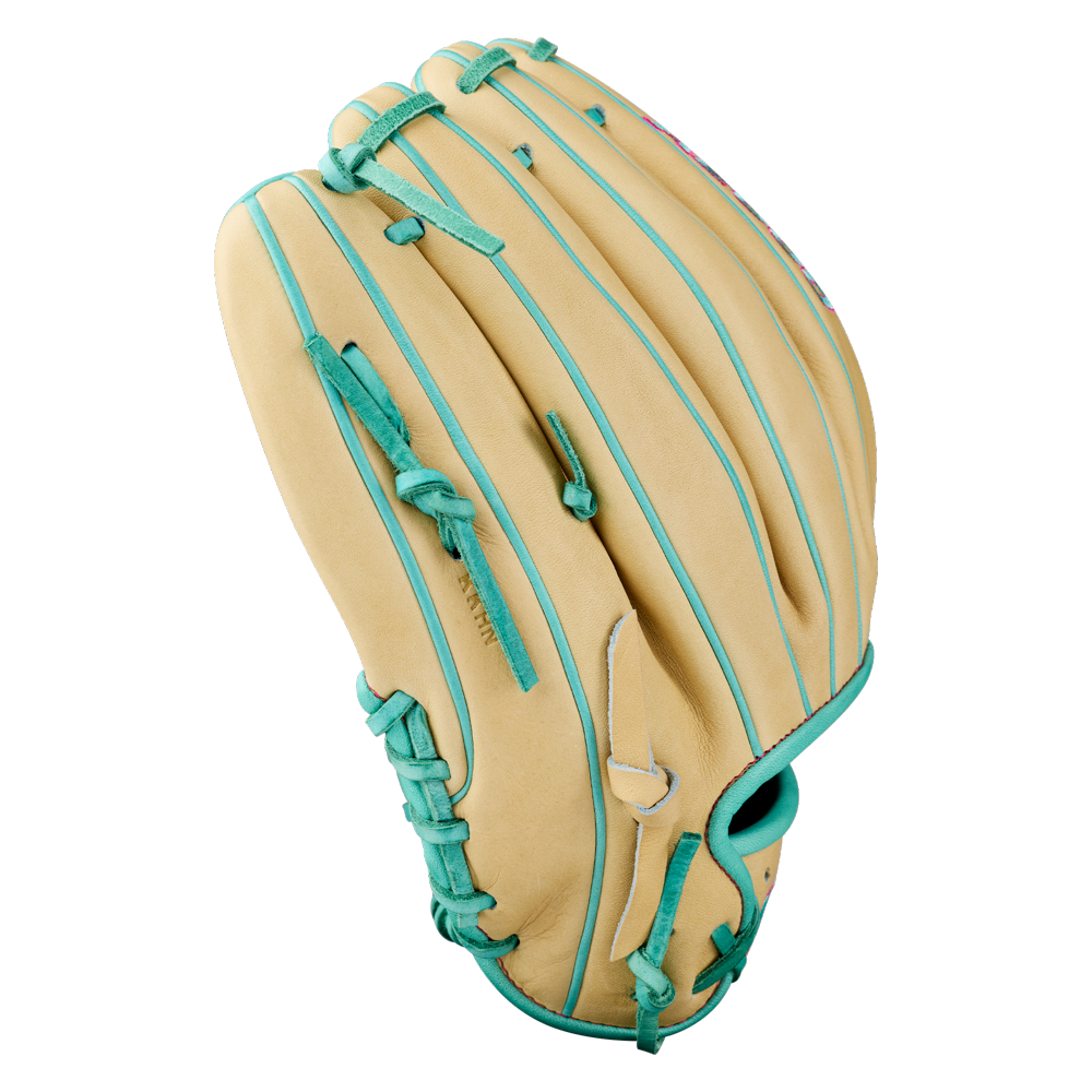 A Wilson A2000 1975 11.75″ Baseball Glove (WBG05701RT1175) in tan with teal laces, displayed from the back with the fingers closed and thumb visible. This Wilson infield glove features an extra deep pocket and appears brand new and unused.