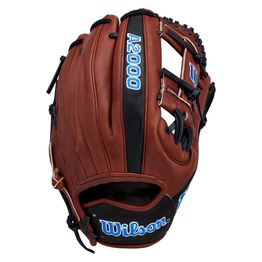 A Wilson A2000 BWJ7GM 11.75″ Bobby Witt Jr. GM Baseball Glove (WBG05801RT1175) in brown, featuring black and blue accents, distinctive webbing, and the Wilson branding on the wrist strap, inspired by Bobby Witt Jr.’s signature glove design.