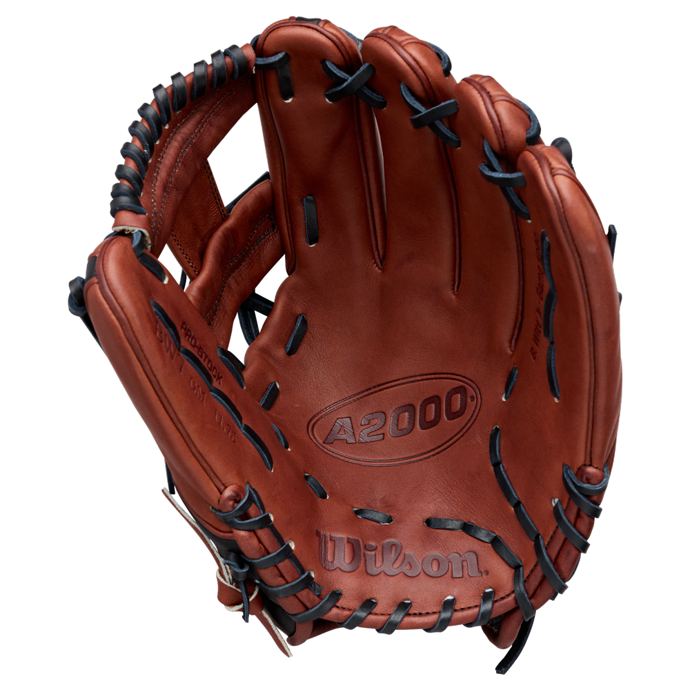A Wilson A2000 BWJ7GM 11.75″ Bobby Witt Jr. GM Baseball Glove (WBG05801RT1175) by Wilson is shown open in brown with black laces, displaying its inner palm and webbing—a style used by pro Bobby Witt Jr.