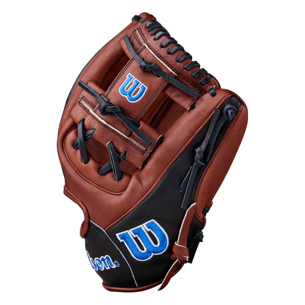 The Wilson A2000 BWJ7GM 11.75″ Bobby Witt Jr. GM Baseball Glove (WBG05801RT1175) by Wilson showcases a brown and black design with blue and white W logos, intricate stitching, and black webbing, displayed on a white background.