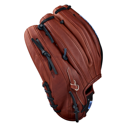 A Wilson A2000 BWJ7GM 11.75″ Bobby Witt Jr. GM Baseball Glove (WBG05801RT1175) by Wilson, featuring brown leather and black laces, is displayed against a white background.