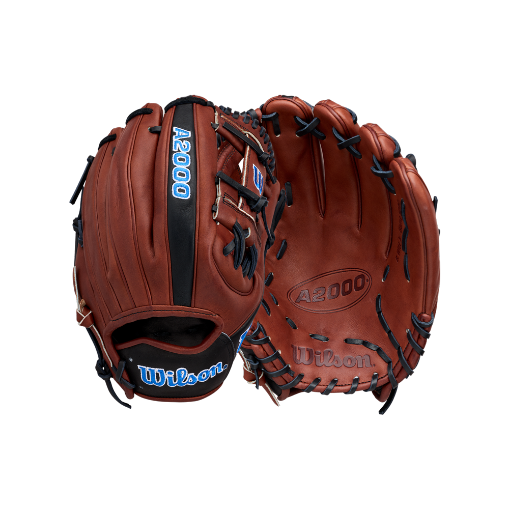 Two brown Wilson A2000 BWJ7GM 11.75″ Bobby Witt Jr. GM Baseball Gloves (model WBG05801RT1175) with black lacing are displayed—one showing the palm side, and the other the back—both featuring blue Wilson and A2000 logos. Inspired by Bobby Witt Jr.’s own glove, these premium Wilson baseball gloves deliver 11.75” of elite performance and unmistakable style on the field.